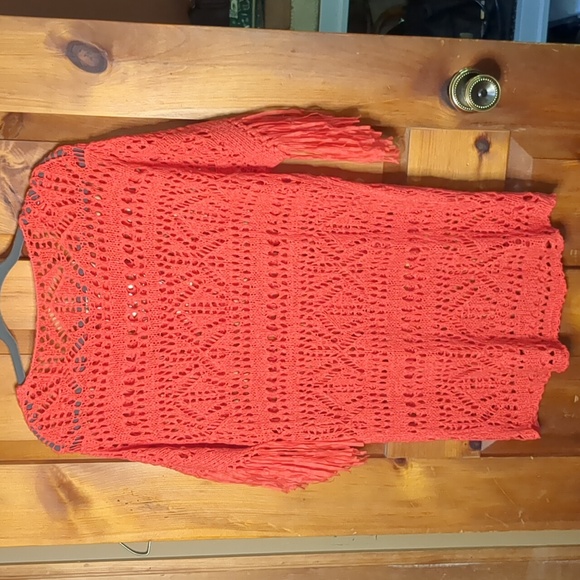 FREE PEOPLE inspired handmade crochet fringe sleeve round neck poncho tunic top - Picture 8 of 12